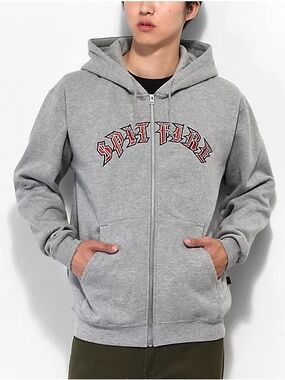 Cool Spitfire Gray Zipup Hoodie with Red Flame Logo mens small